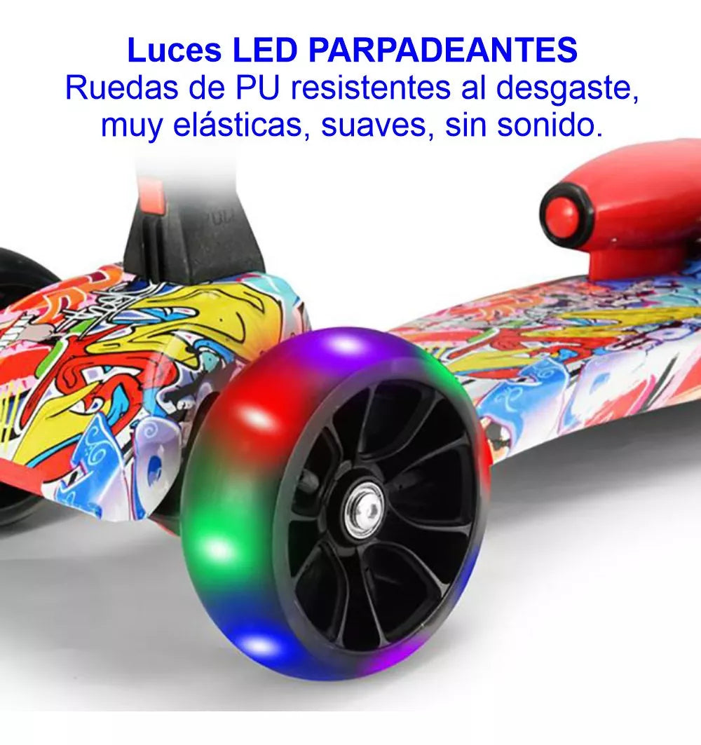 Patinete Scooter Plegable con 3 Ruedas Luminosa, Efecto de pulverizador de Vapor, Música, Altura Ajustable OFERTA