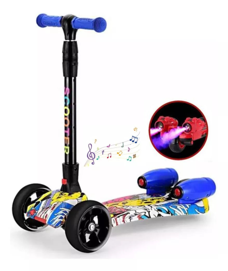 Patinete Scooter Plegable con 3 Ruedas Luminosa, Efecto de pulverizador de Vapor, Música, Altura Ajustable OFERTA