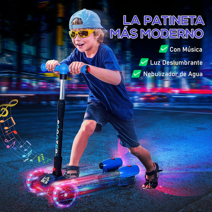 Patinete Scooter Plegable con 3 Ruedas Luminosa, Efecto de pulverizador de Vapor, Música, Altura Ajustable OFERTA