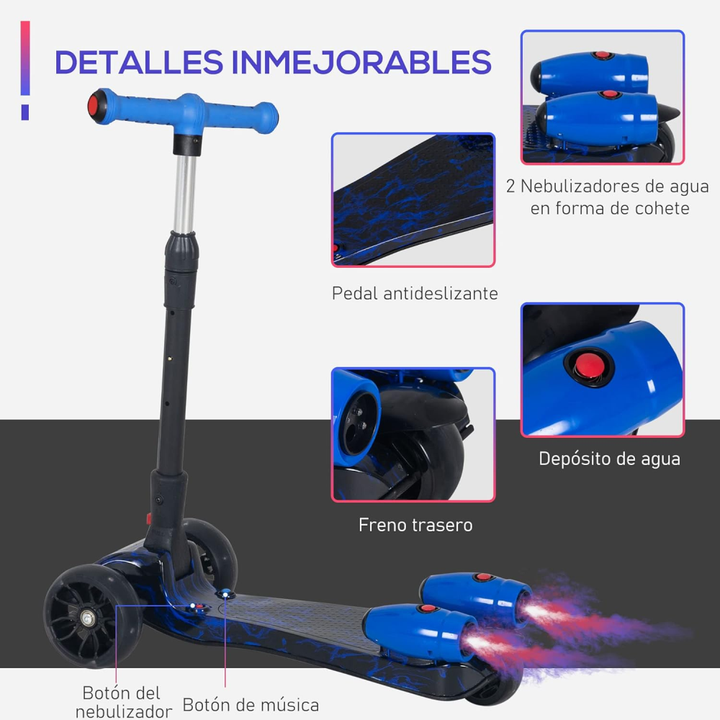 Patinete Scooter Plegable con 3 Ruedas Luminosa, Efecto de pulverizador de Vapor, Música, Altura Ajustable OFERTA